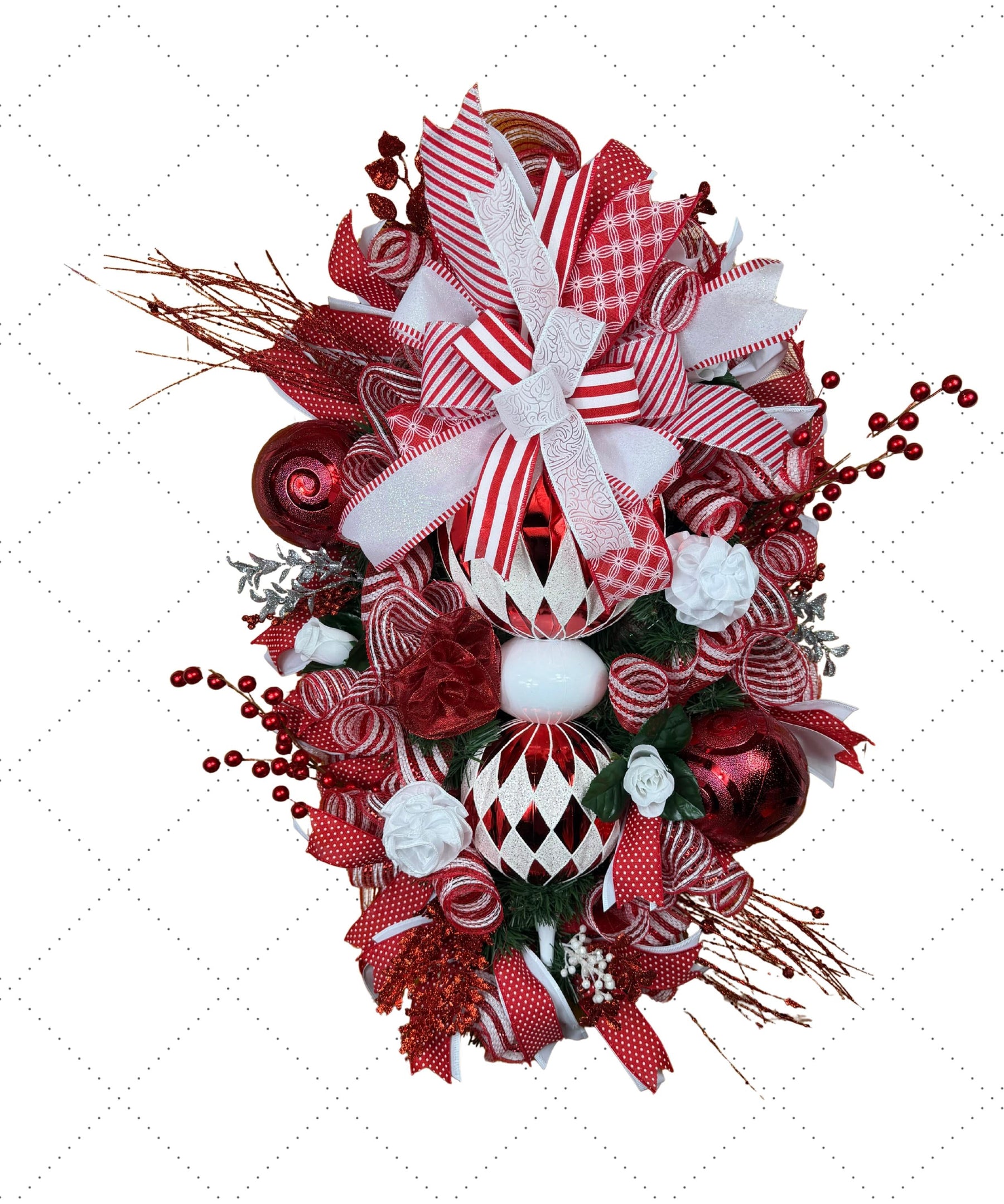 Red & White Ornament Christmas Wreath | Holiday Door Decor handmade by Bouge Creations