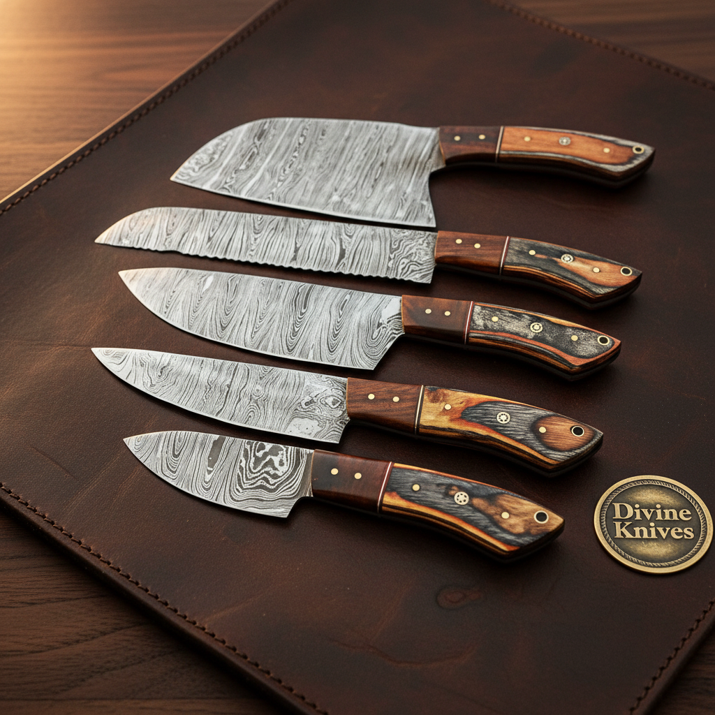 Two Tone Wood Chef Knife Set of 5 with Copper Pins and Forged Kitchen Blades by Divine Knives