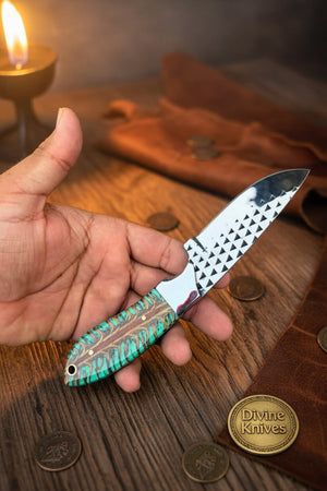 Emerald Pinecone Ranch Skinner Knife with Carved Wood Handle
