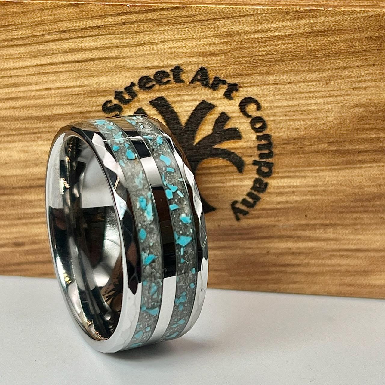 Turquoise with Ash Hammered Tungsten Memorial Ring