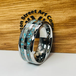 Turquoise with Ash Hammered Tungsten Memorial Ring