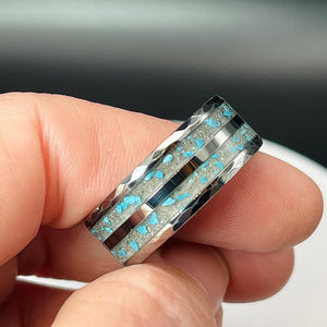 Turquoise with Ash Hammered Tungsten Memorial Ring