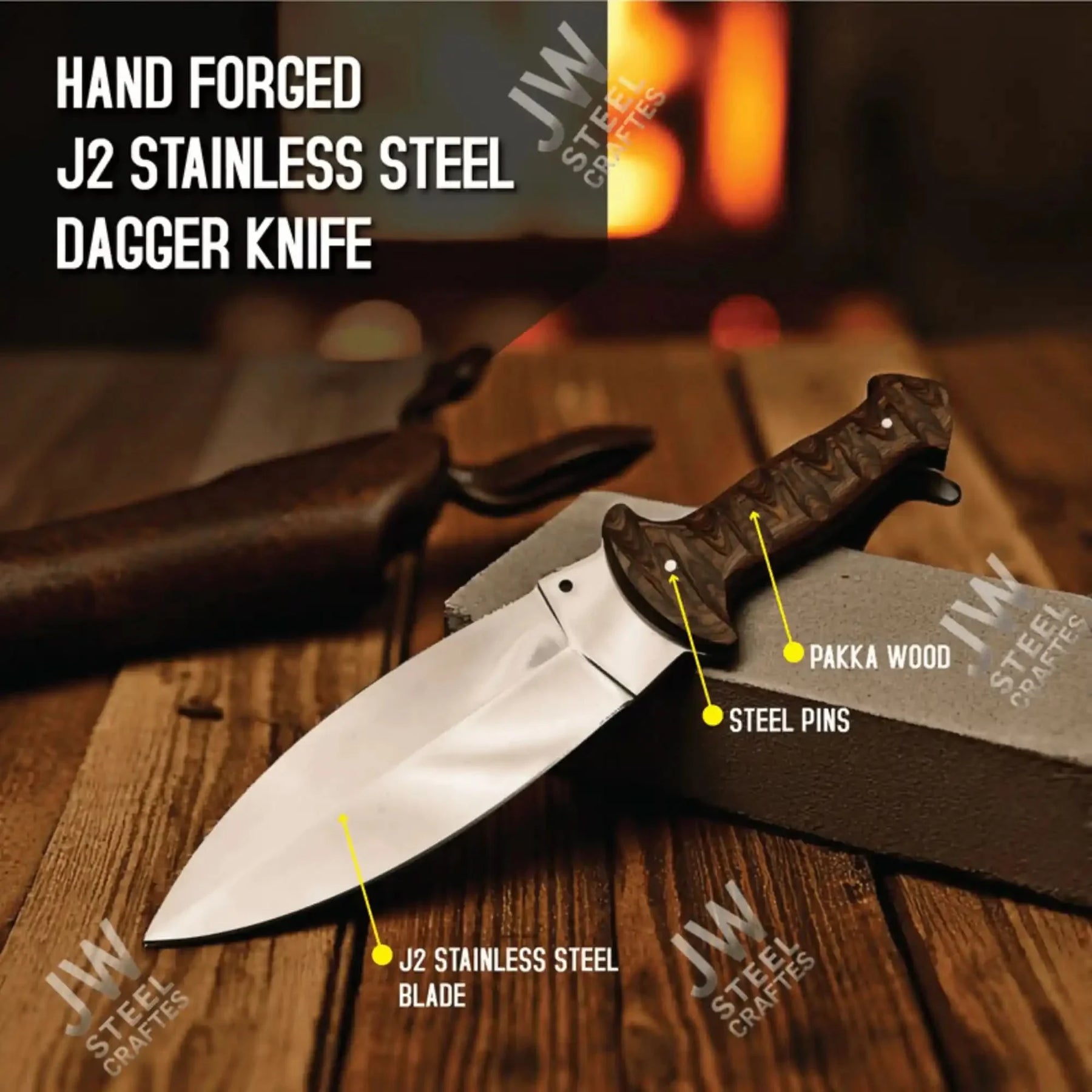 Handmade stainless steel steel knife with wood handle on dark surface