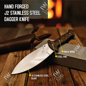 Handmade stainless steel steel knife with wood handle on dark surface