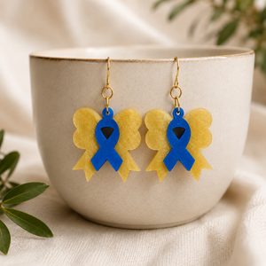 Blue Yellow Ribbon Bow Earrings, Down Syndrome Awareness Jewelry