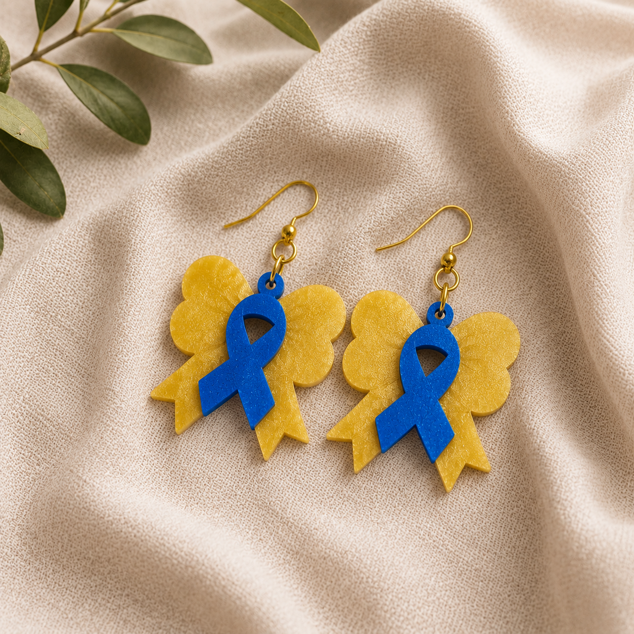 Blue Yellow Ribbon Bow Earrings, Down Syndrome Awareness Jewelry