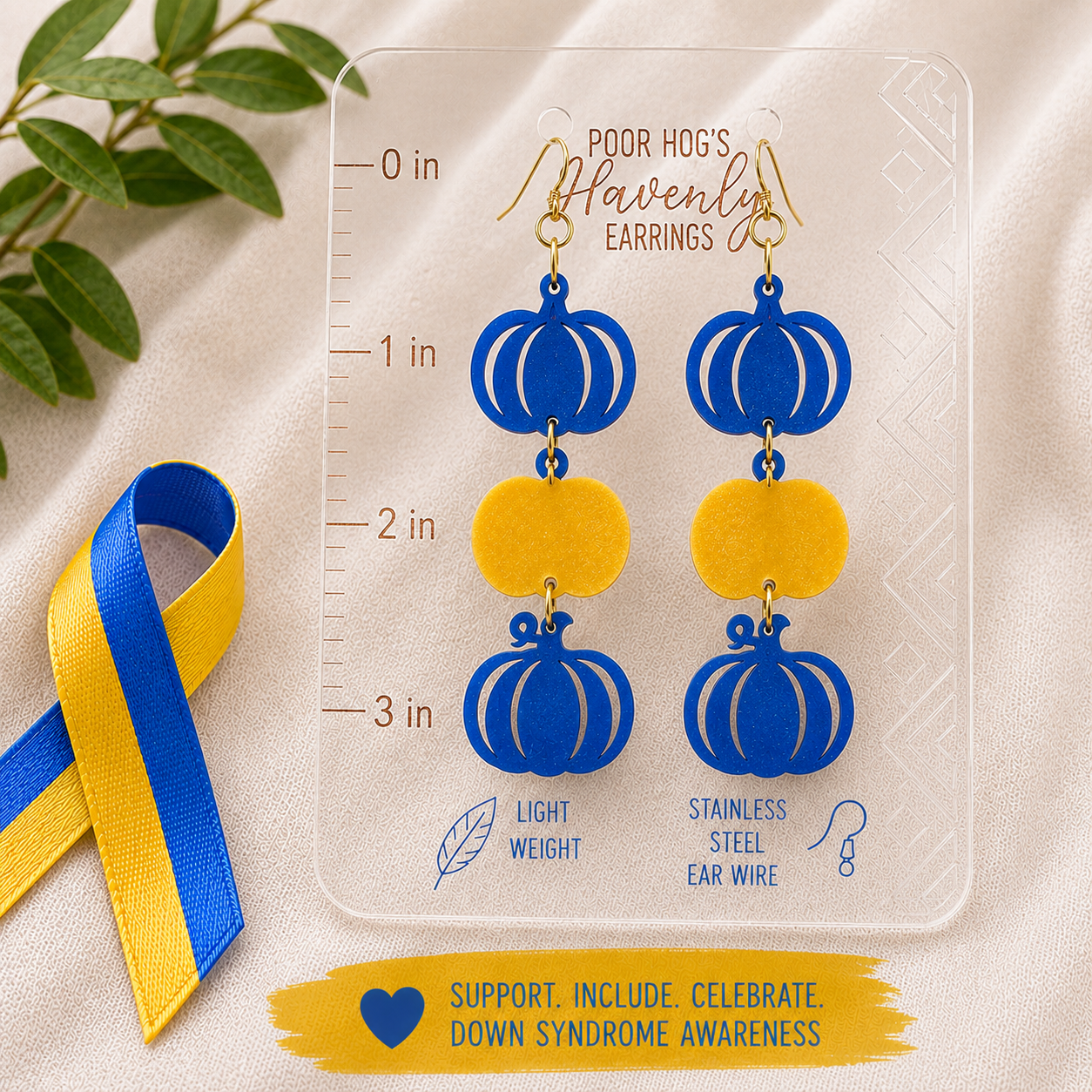 Blue Yellow Pumpkin Earrings, Down Syndrome Awareness Jewelry