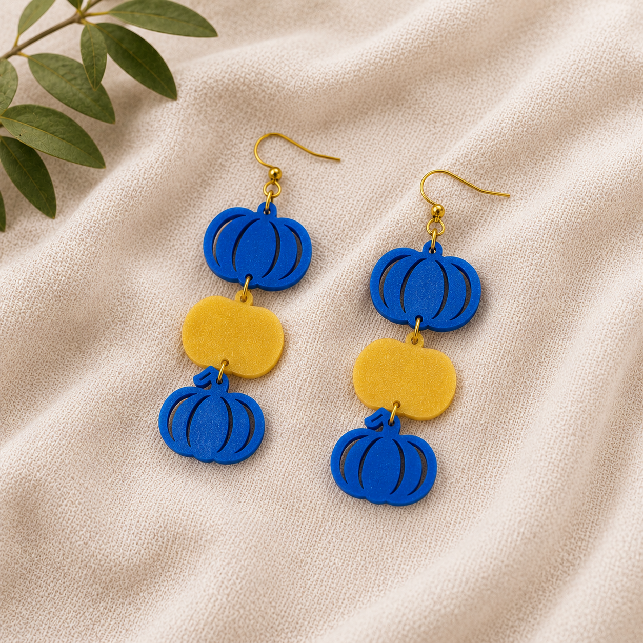 Blue Yellow Pumpkin Earrings, Down Syndrome Awareness Jewelry