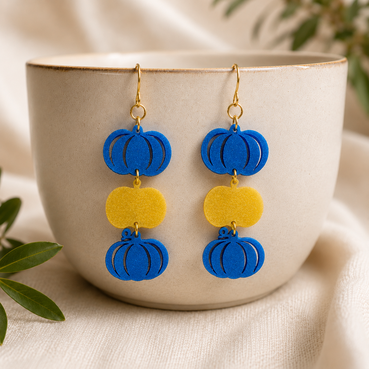 Blue Yellow Pumpkin Earrings, Down Syndrome Awareness Jewelry