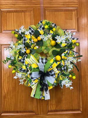 Lemon Summer Wreath | Yellow, Green & Gingham Door Decor by Bouge Creations, view 2