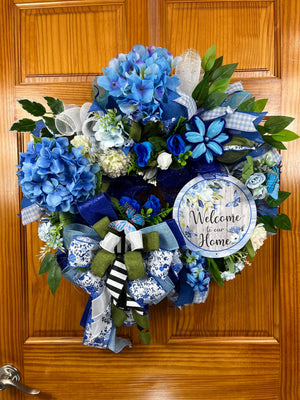 Blue Hydrangea Welcome Wreath | Front Door Decor by Bouge Creations, view 8