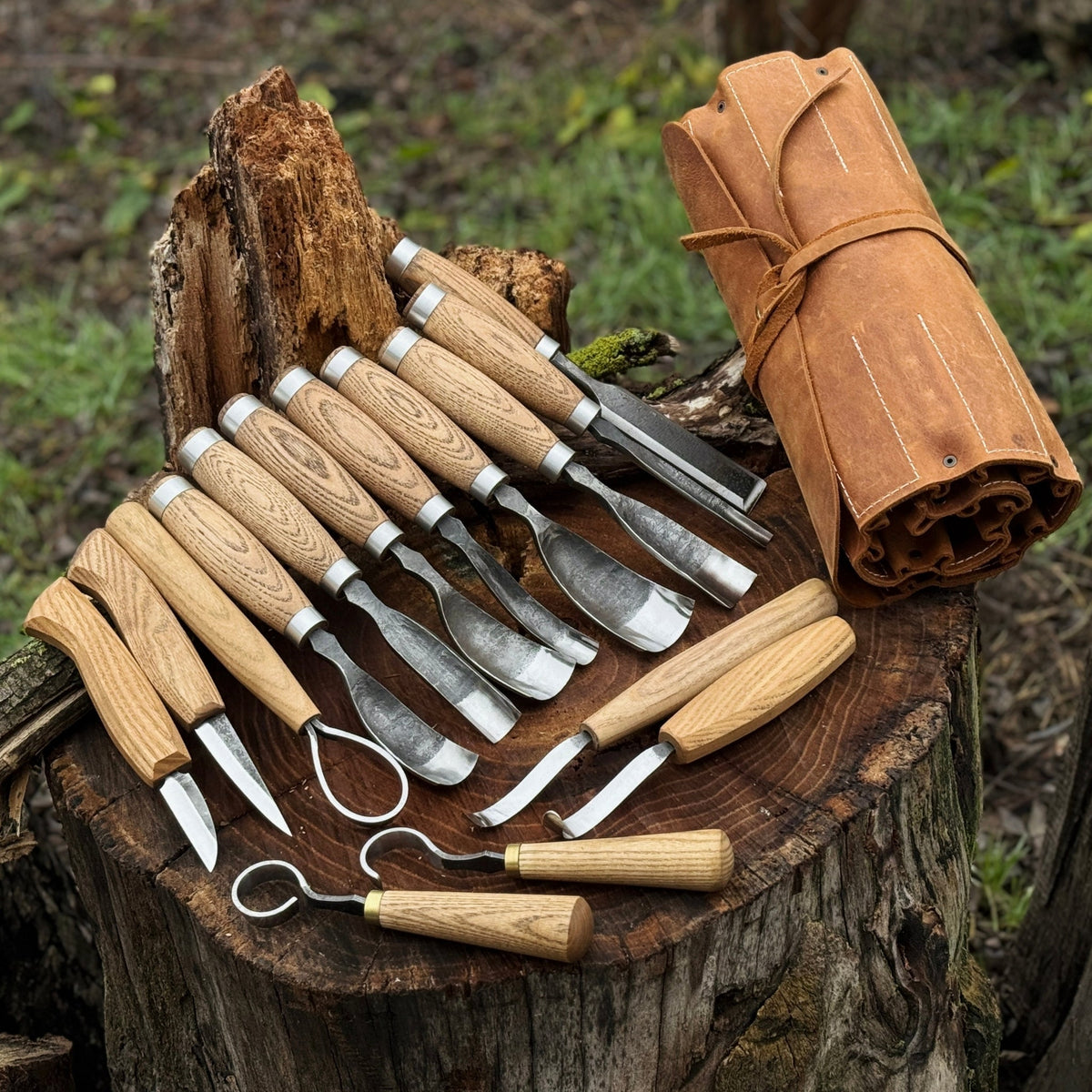 15 piece Wood Carving Tool Set with Leather Roll by Sharky Forged Steel Tools — view 1