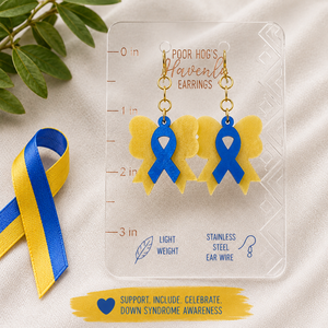 Blue Yellow Ribbon Bow Earrings, Down Syndrome Awareness Jewelry