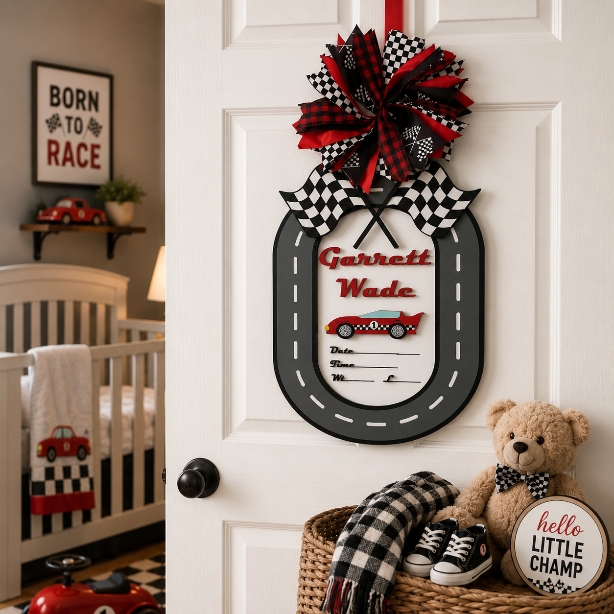 Racing Car Birth Announcement Door Hanger by Poor Hog Customs, Southern home decor detail photo 3