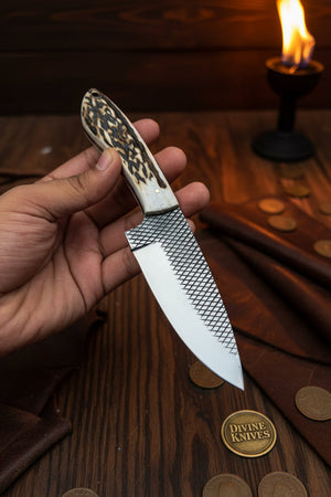 Stag Horn Rasp Skinner Knife with Included Tooled Sheath