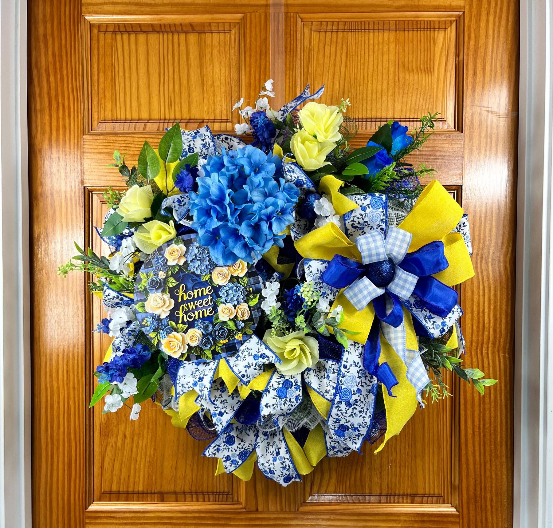 Blue & Yellow Welcome Wreath | Gingham Front Door Decor by Bouge Creations, view 8