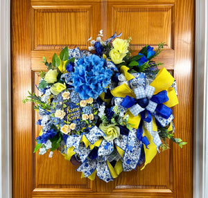 Blue & Yellow Welcome Wreath | Gingham Front Door Decor by Bouge Creations, view 8