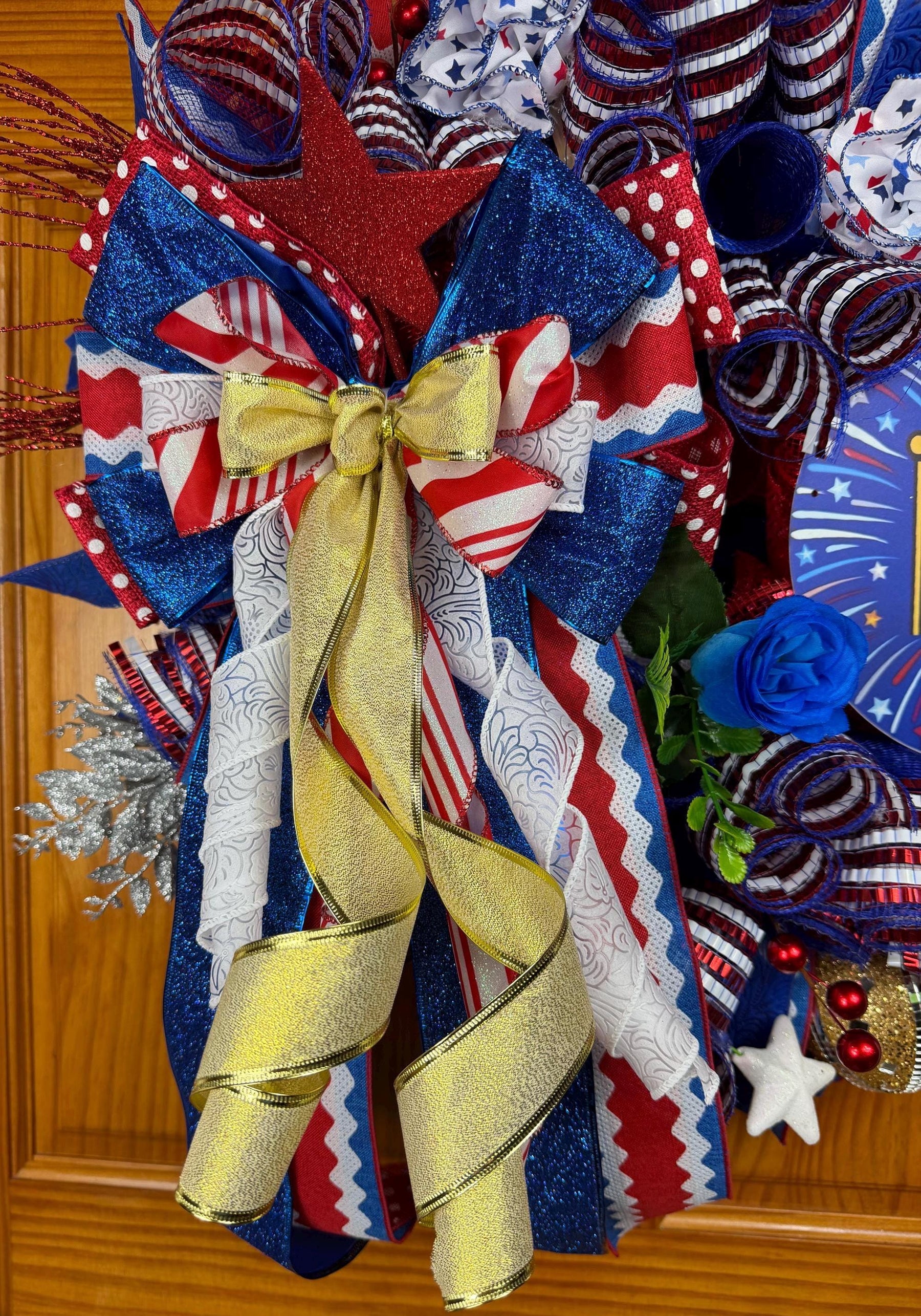 Patriotic Front Door Wreath | Red, White & Blue Deco Mesh by Bouge Creations, view 3