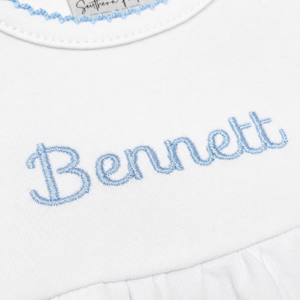 Personalized Newborn White Gown with Blue Picot Trim and Custom Embroidery