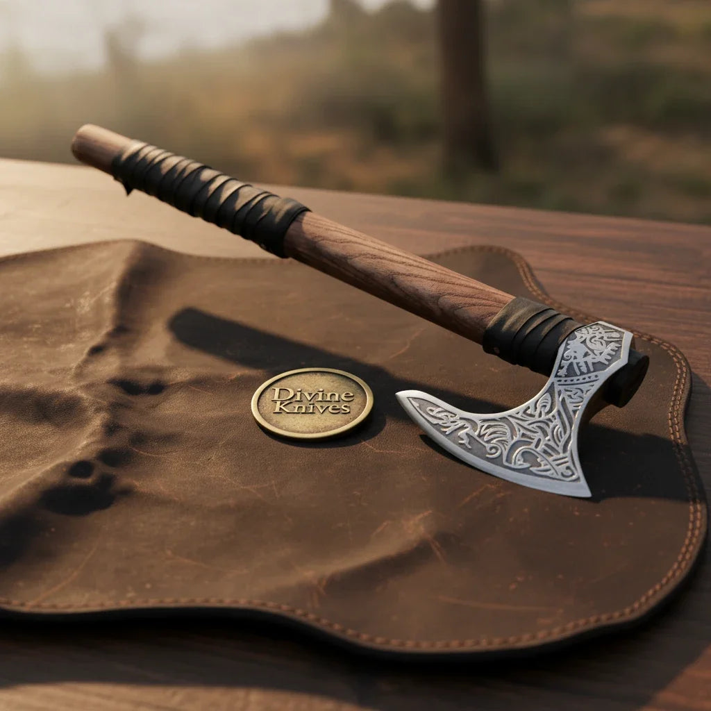 Norse Engraved Viking Beard Camp Hatchet by Divine Knives — detail view 2