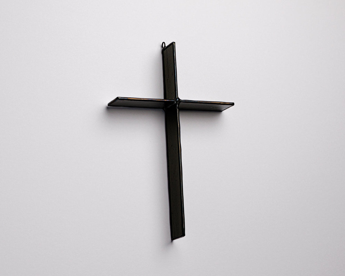 Ink Black Cross Suncatcher handmade stained glass cross by Greyhouse Glass