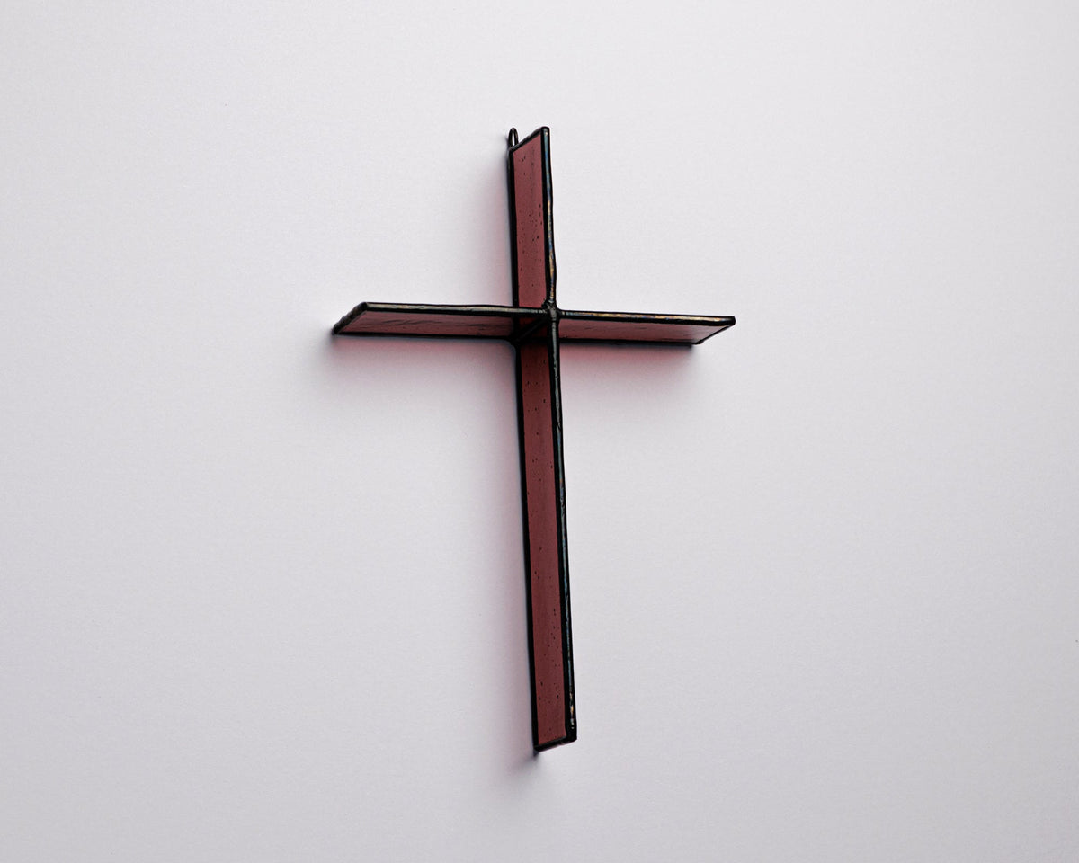 Red Mulberry Cross Suncatcher handmade stained glass cross by Greyhouse Glass