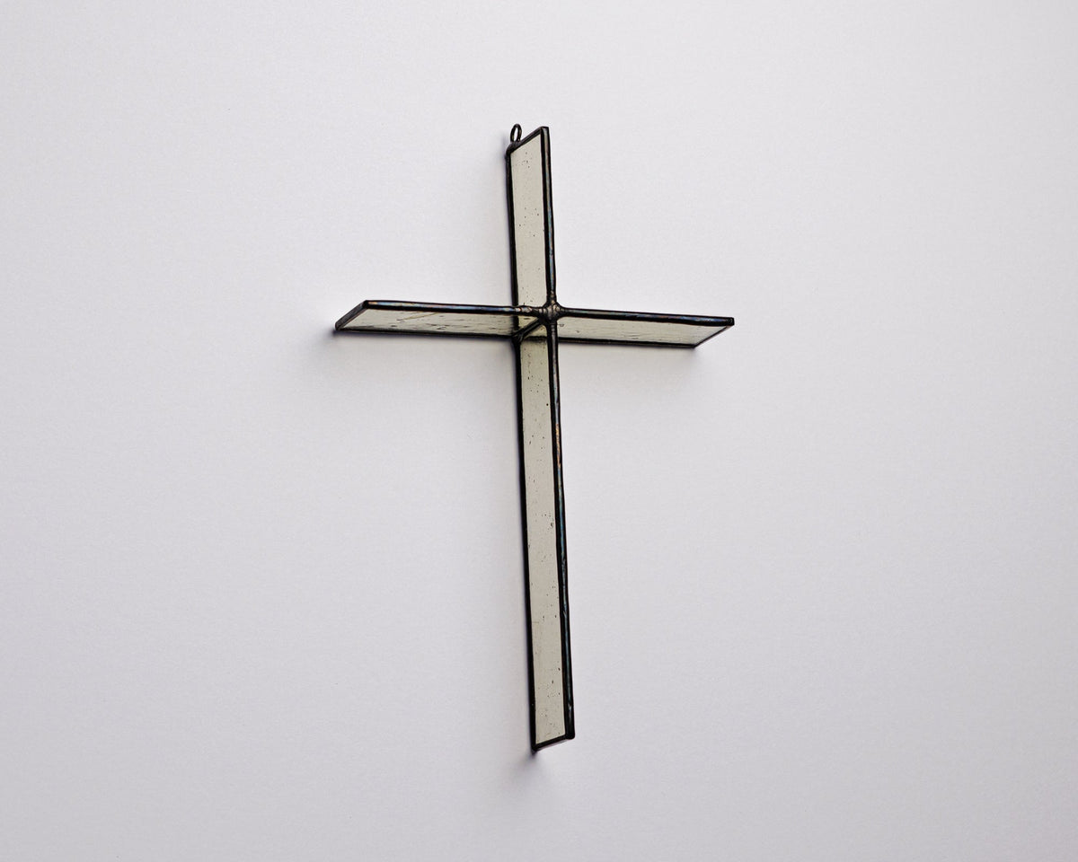 Wheat Mist Cross Suncatcher handmade stained glass cross by Greyhouse Glass