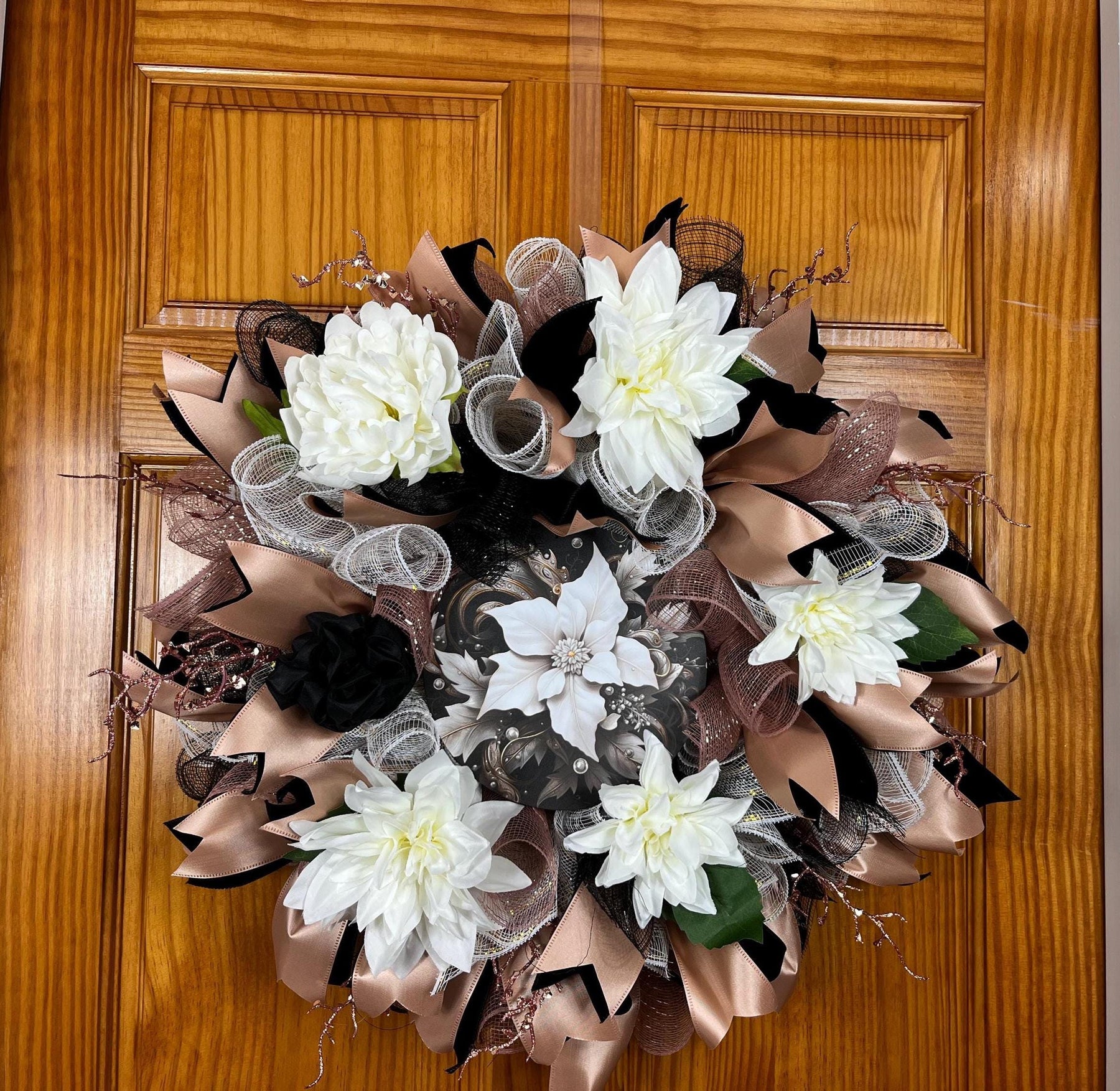 Black & Champagne Dahlia Wreath | Glam Front Door Decor by Bouge Creations, view 6