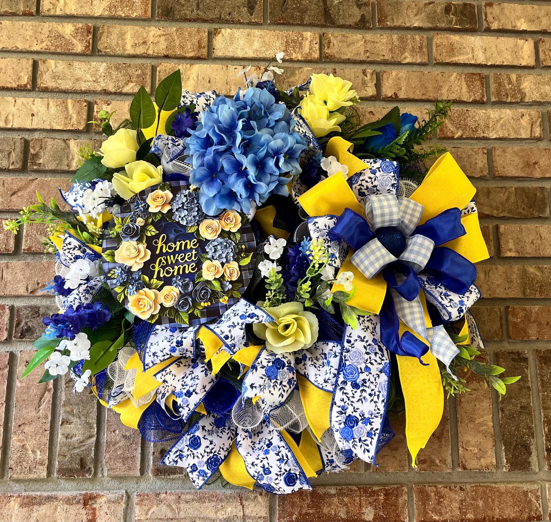 Blue & Yellow Welcome Wreath | Gingham Front Door Decor handmade by Bouge Creations