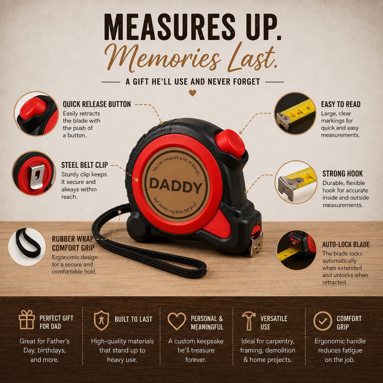 Personalized Tape Measure Gift for Dad, Custom Father’s Day Tool Gift