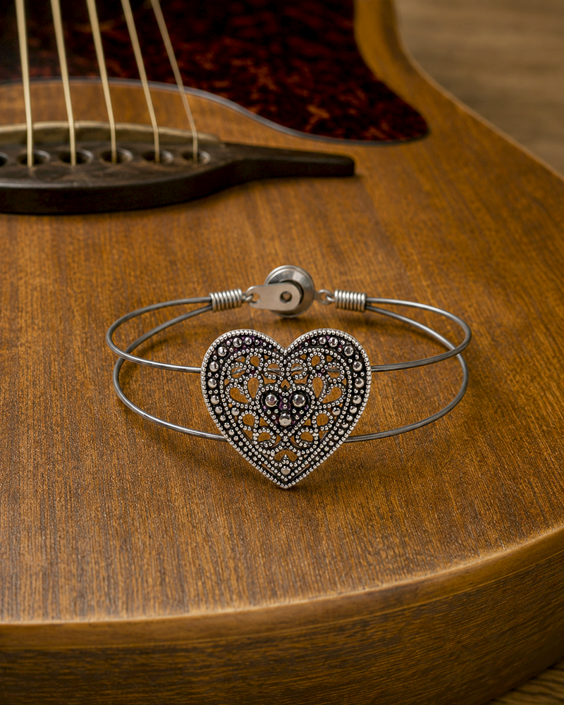 Silver Filigree Heart Guitar String Bracelet
