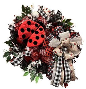 Ladybug Spring Wreath | Red & Black Mesh Door Decor handmade by Bouge Creations