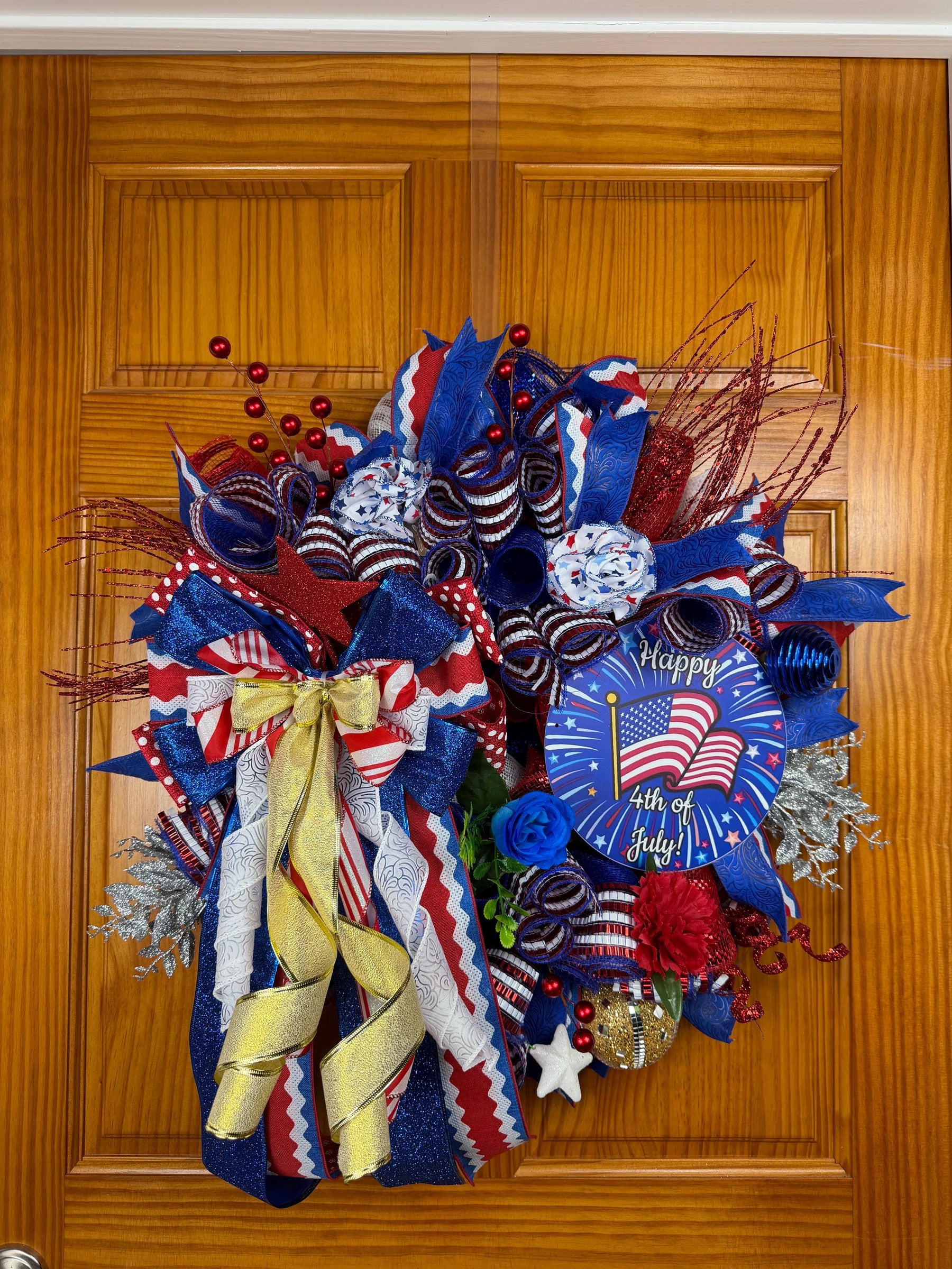 Patriotic Front Door Wreath | Red, White & Blue Deco Mesh by Bouge Creations, view 6