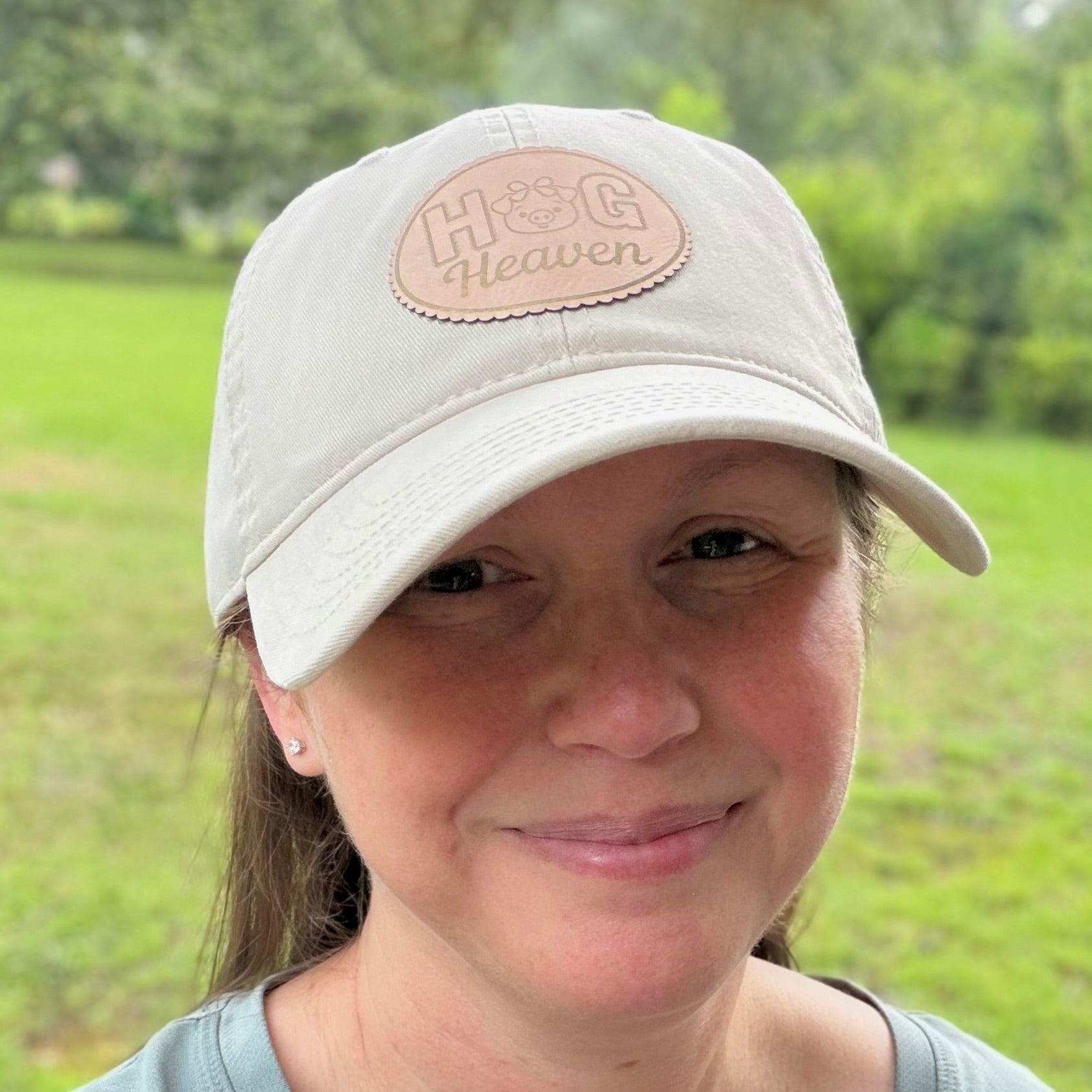 Hog Heaven Pig Lover Leather Patch Hat on a Richardson Soft Style Hat