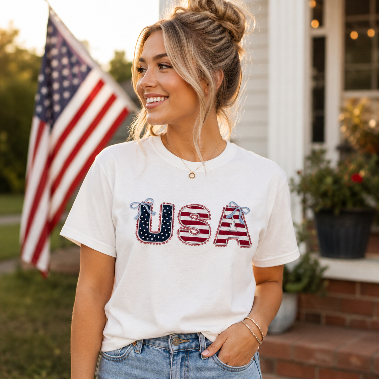 Patriotic USA Applique Shirt with Decorative Stitching and Bows