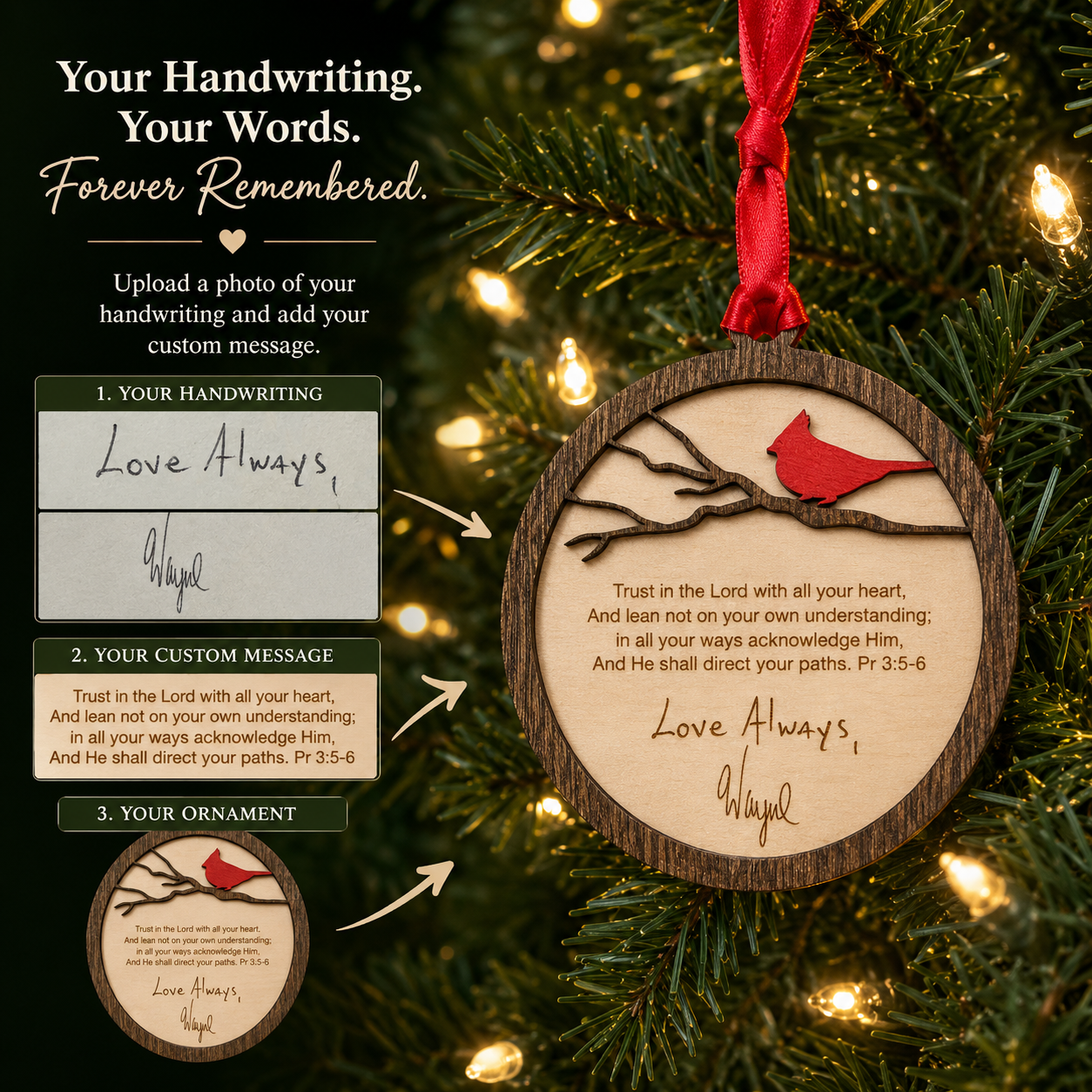 Personalized Cardinal Ornament with Handwriting or Custom Quote