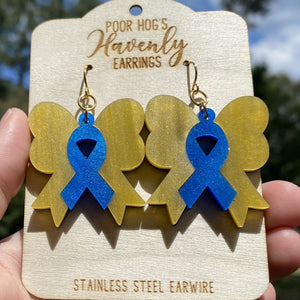 Blue Yellow Ribbon Bow Earrings, Down Syndrome Awareness Jewelry