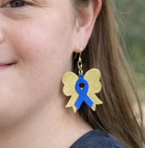 Blue Yellow Ribbon Bow Earrings, Down Syndrome Awareness Jewelry