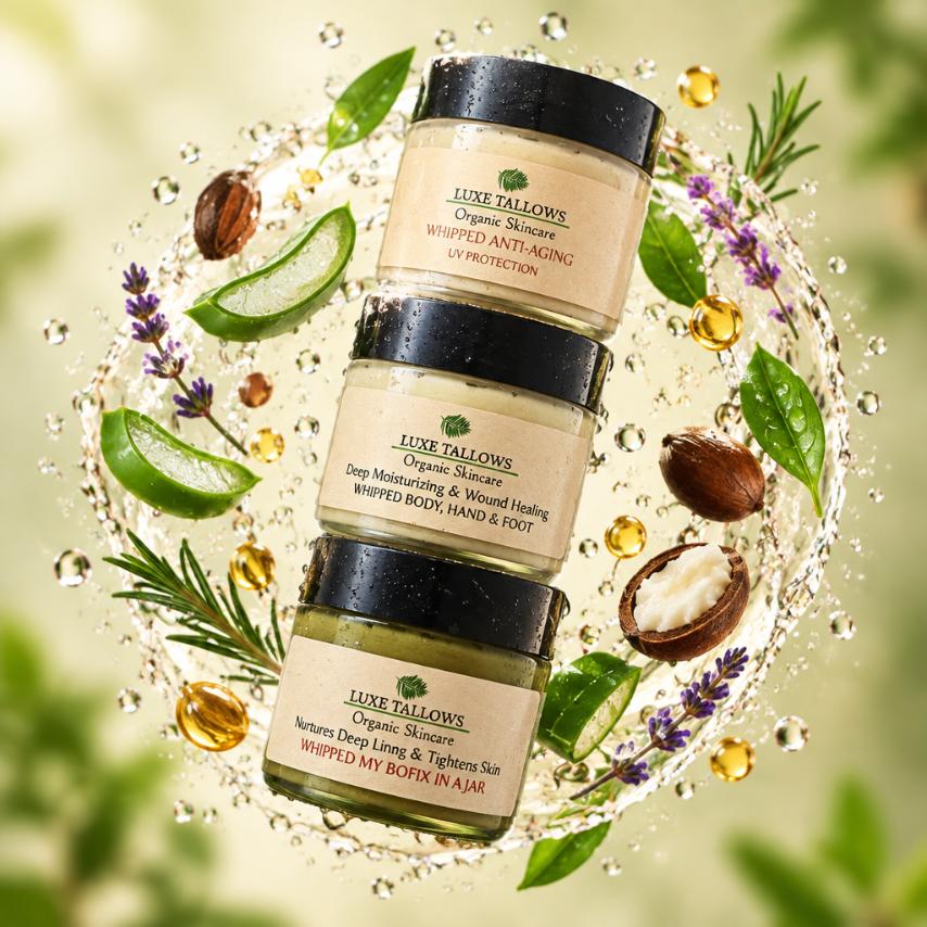 Luxe Tallows three-piece whipped tallow skincare bundle with 2 oz jars