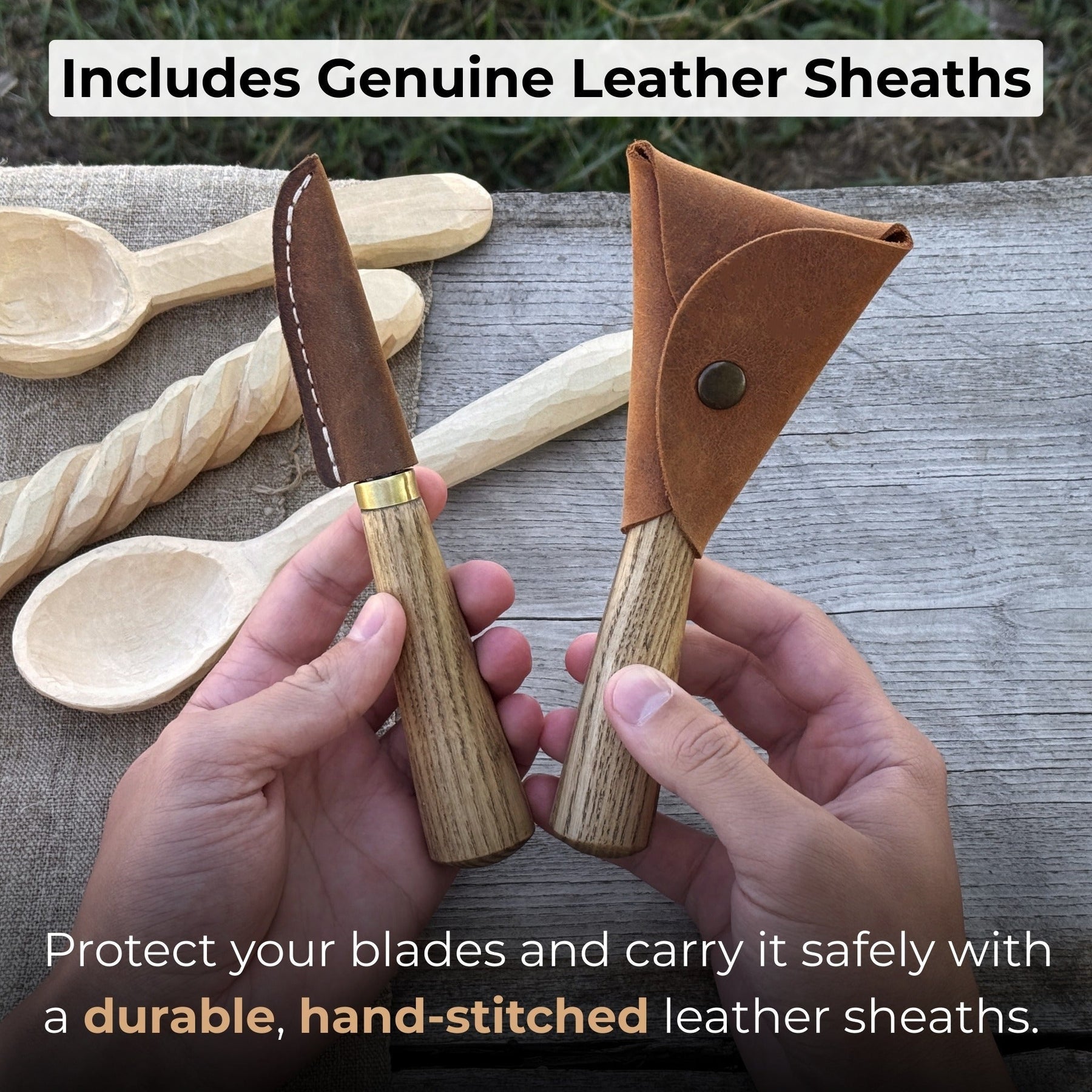 2-Piece Spoon Carving Knife Set with Leather Sheaths