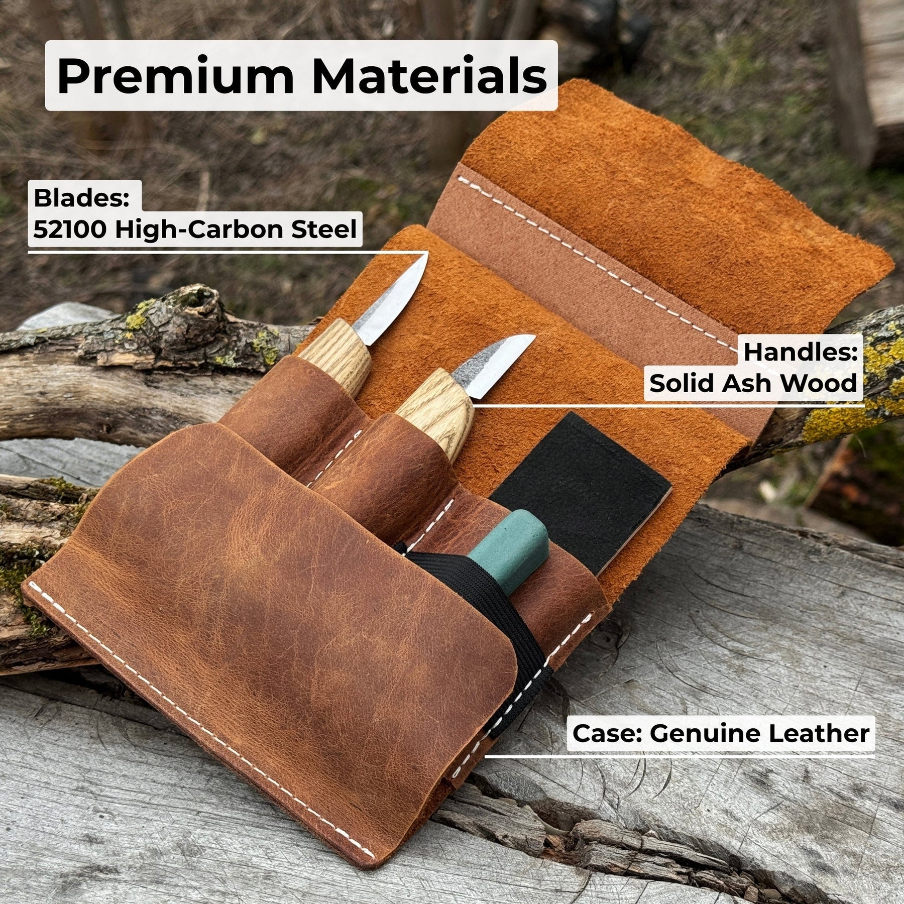 2-Piece Wood Carving Knife Set with Leather Strop and Case