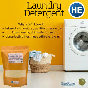 Laundry detergent in a brown bag next to a washing machine and basket of clothes.
