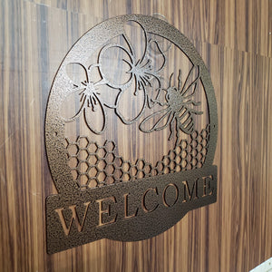 Honey Bee Welcome Sign – Metal Wall Art, Bee Decor for Porch, Garden, Entryway, Custom Steel Welcome Plaque