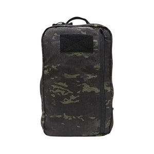 Black camouflage backpack with a velcro patch and zipper.