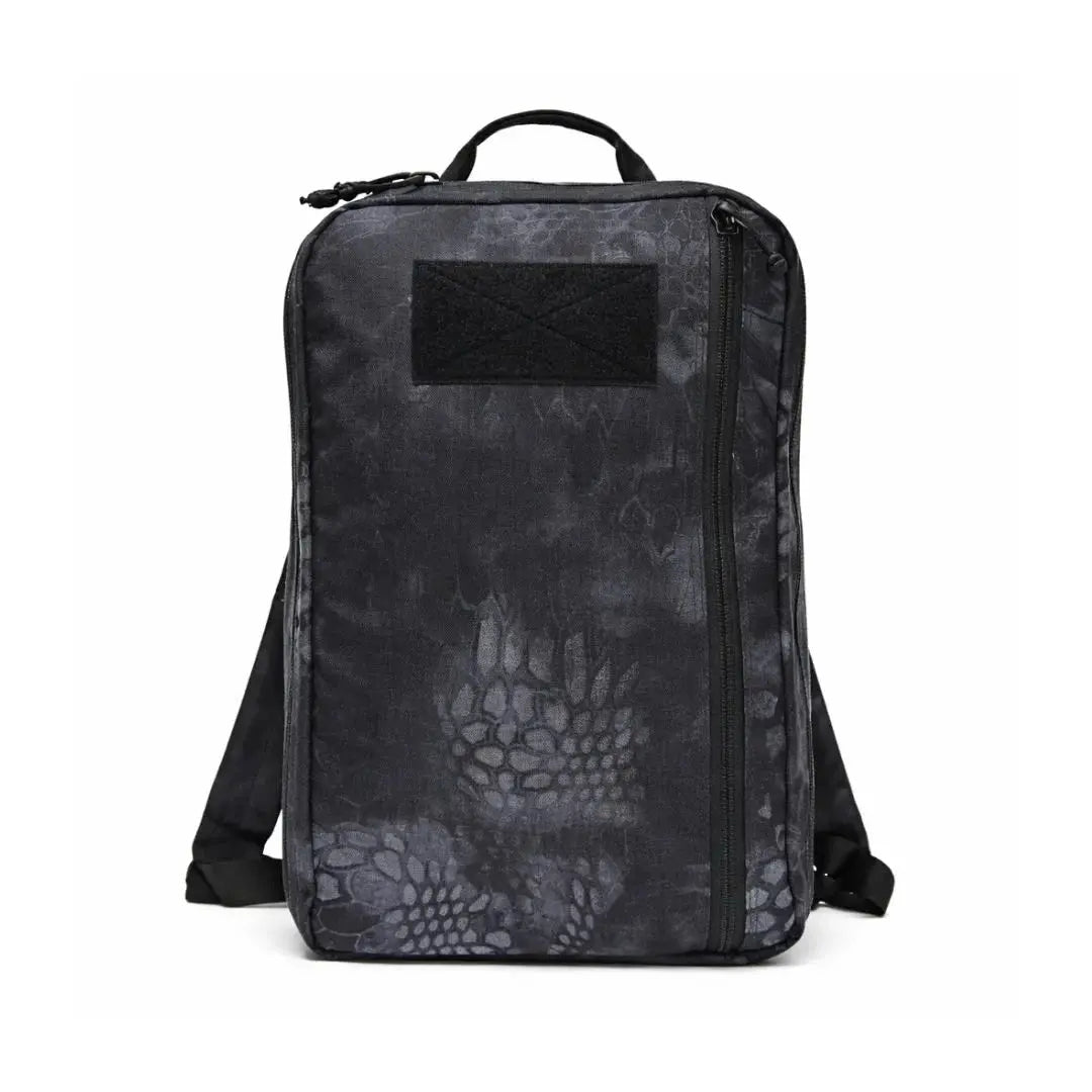 Black camouflage backpack with a patch area and zippers