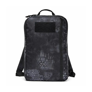 Black camouflage backpack with a patch area and zippers
