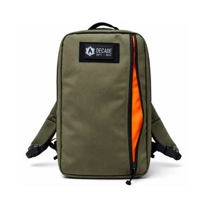Green backpack with orange interior and a DECADE 2011-2021 logo patch.