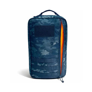 Dark blue camouflage backpack with orange interior and MOLLE webbing