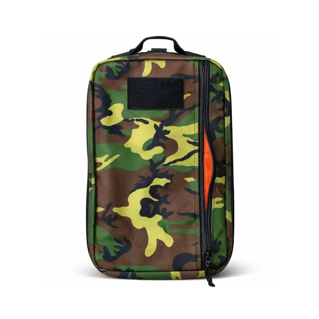 Camo backpack with a vertical zippered pouch and visible orange interior