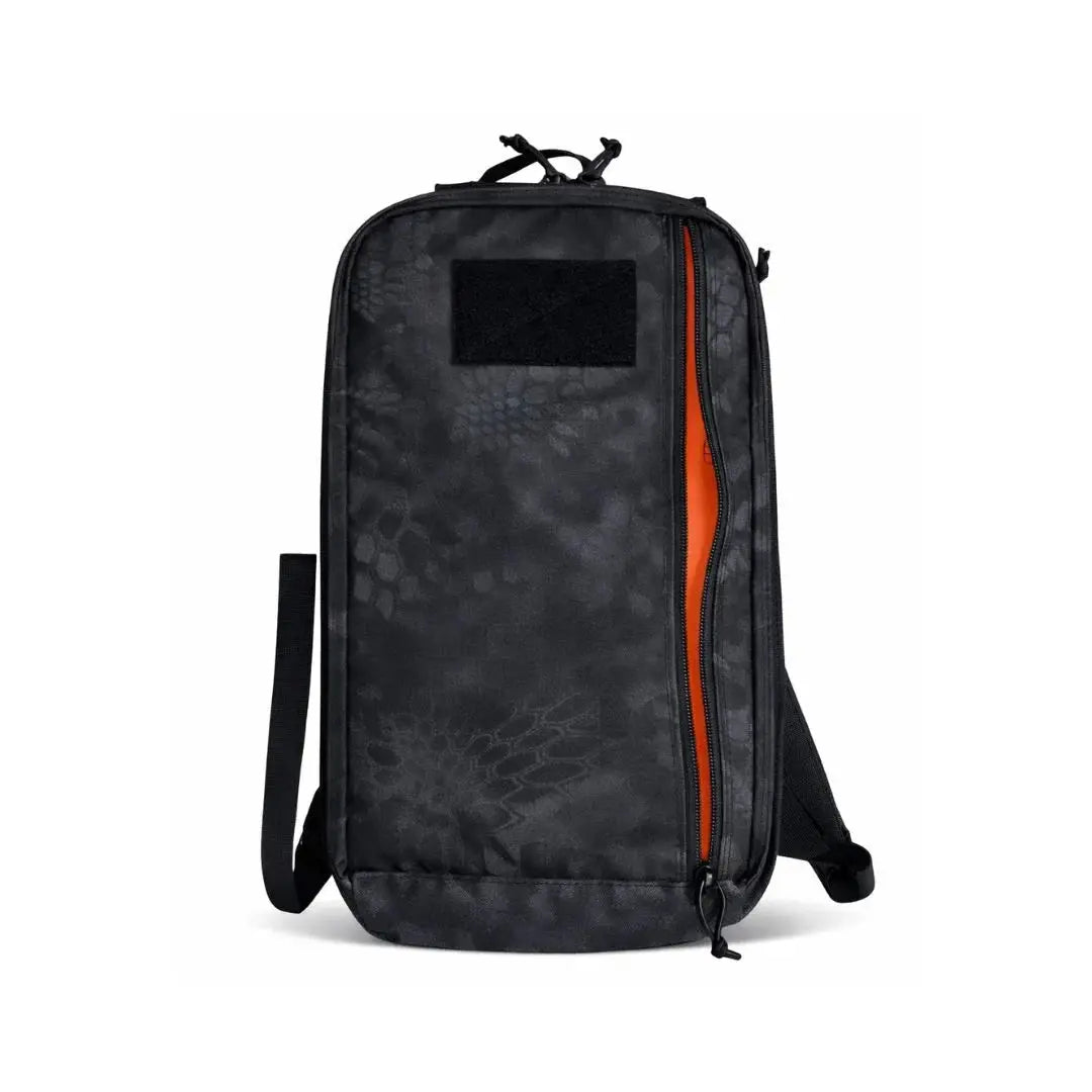 Black camouflage pattern backpack with bright orange zipper.